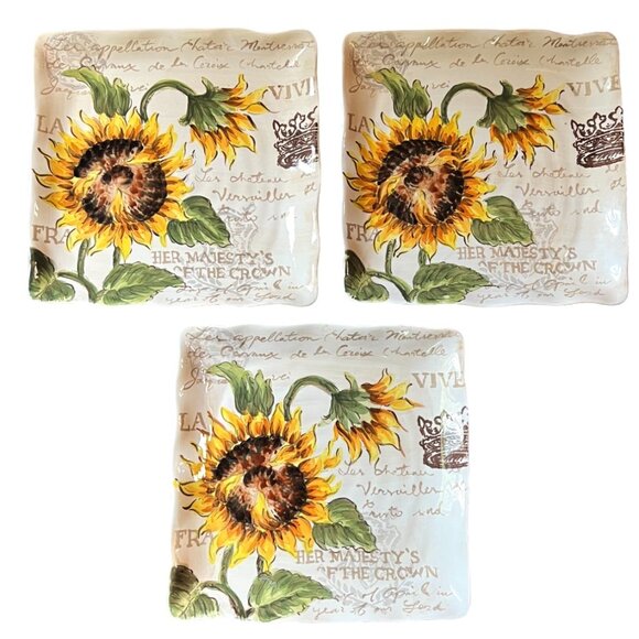 Set of 3 Maxcera Sunflower Crown Ceramic Dinner/Serving Plates, 11" x 11" - Picture 4 of 4